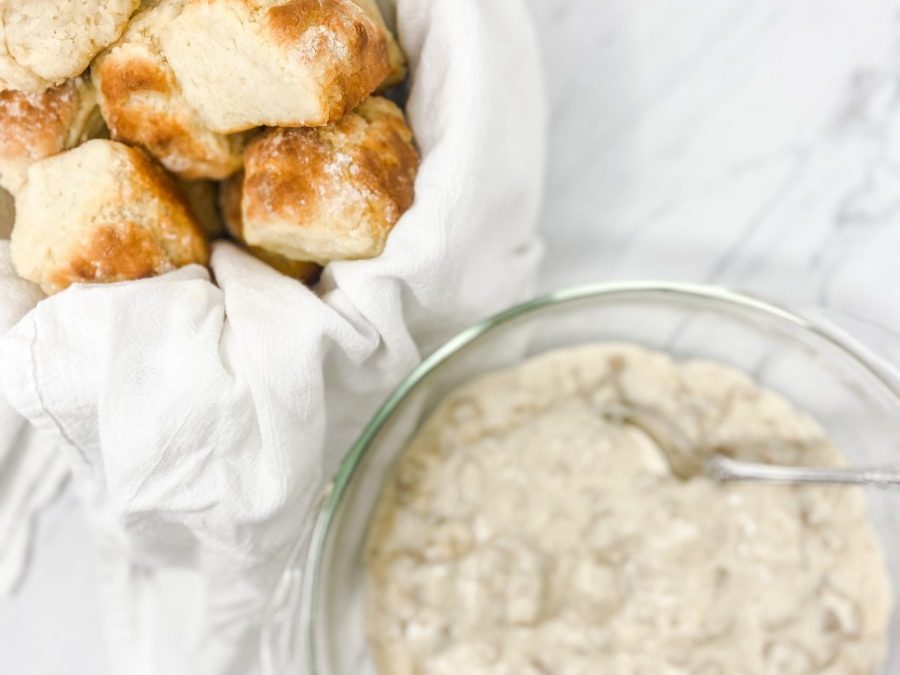 biscuits and gravy, biscuits in a bowl with a cloth